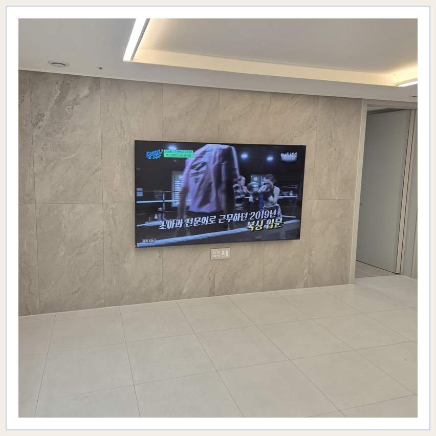 무늬가 있는 벽체 위 화면 배치 관련 벽걸이 TV 설치 참고 사진